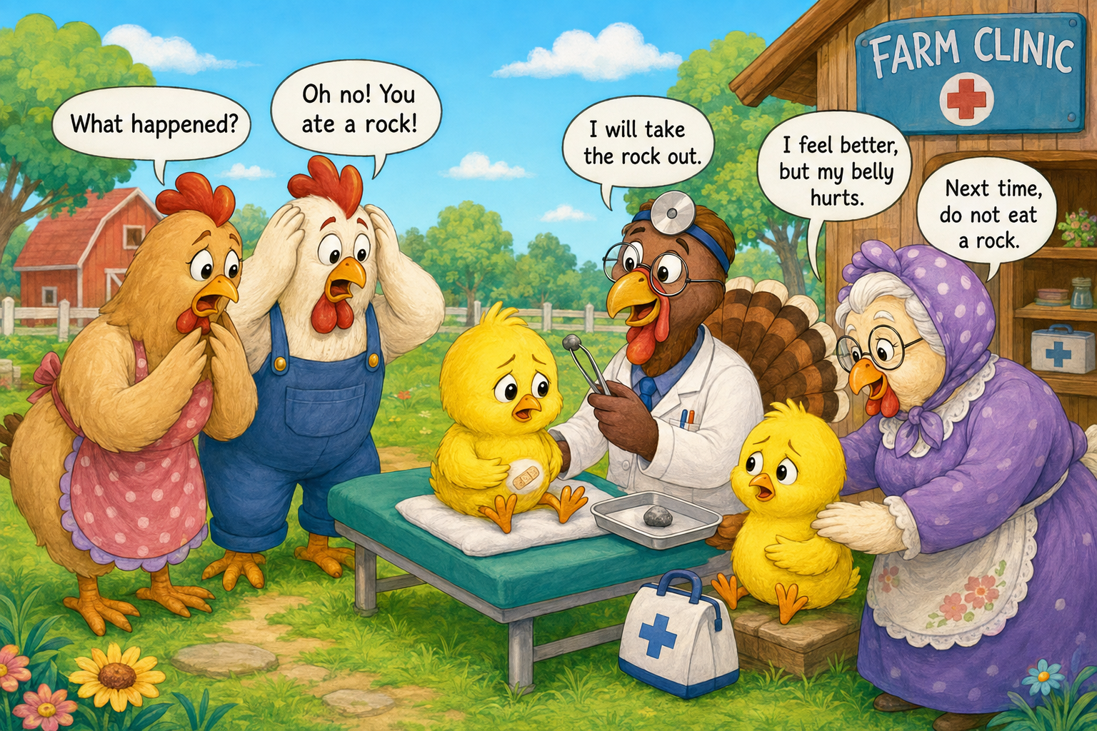 Developed illustrated story showing the chicken family, a turkey doctor, treatment, and recovery