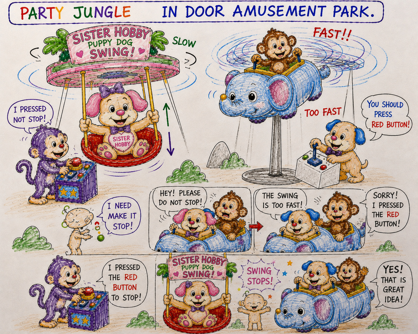 The developed Party Jungle illustrated story with ride controls and character dialogue