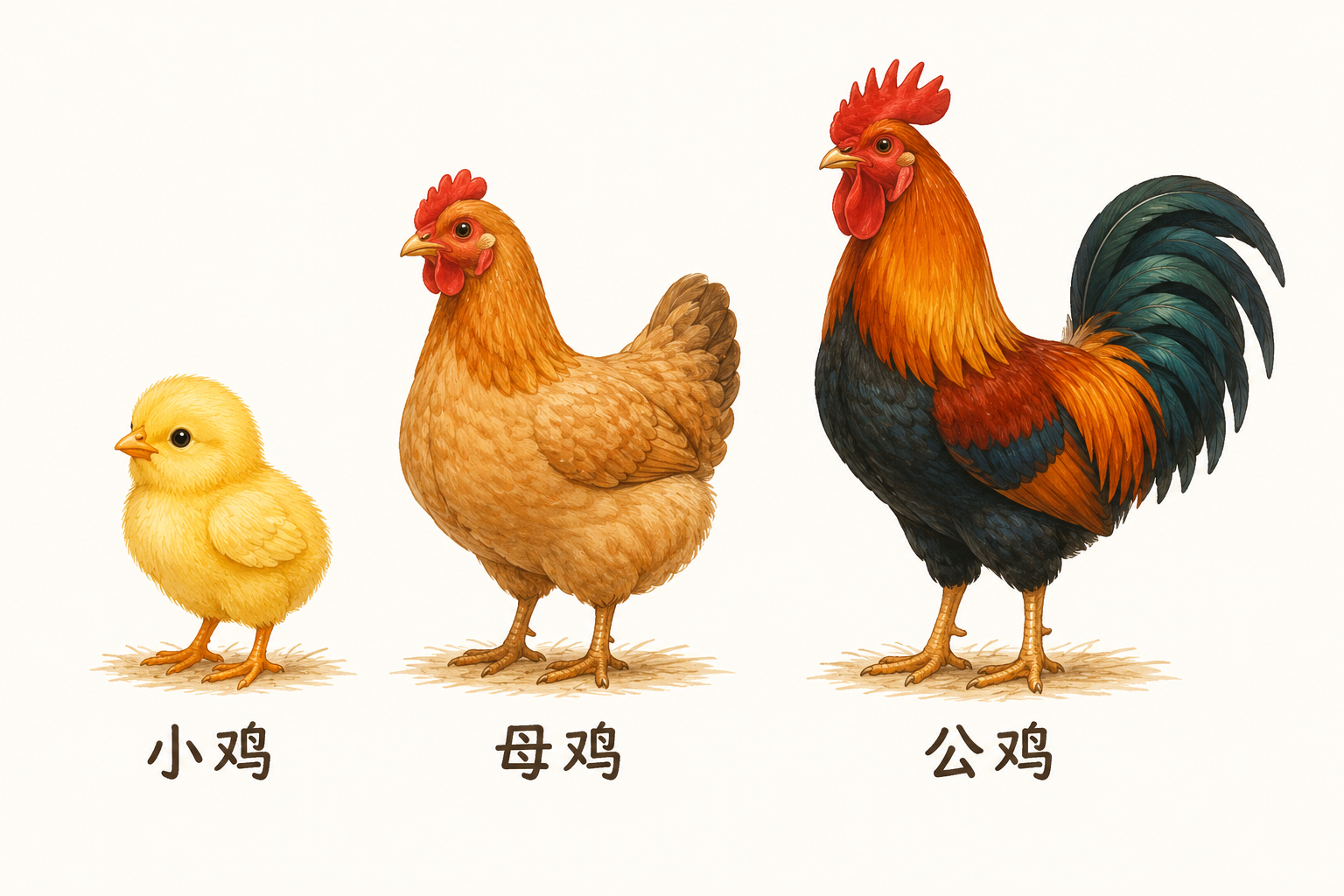 Character cards showing a chick, hen, and rooster