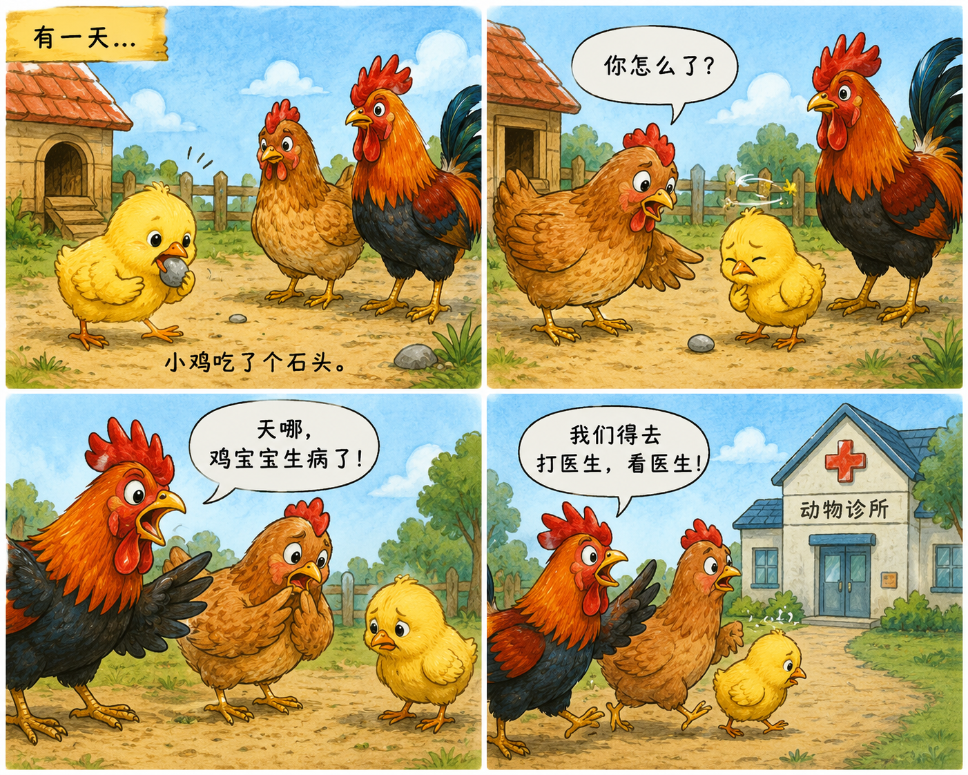The first AI-assisted visual sequence showing the chick eating a rock