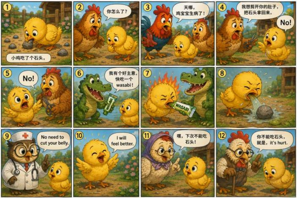 A twelve-panel side story continuing the chicken and rock world